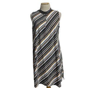 Jude Connally Womens Sz M Black Gold Striped Sleeveless Mock Neck Nylon Dress